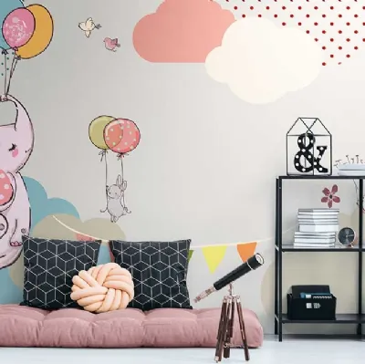 Carta da parati con elefanti, topolini e palloncini colorati Colour me baby WPC 727 di Caos Creativo by Rossi&Co