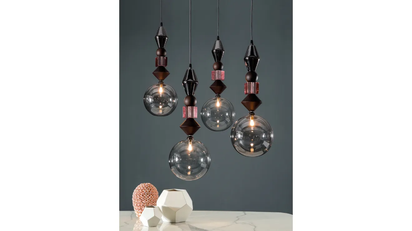 Lampada a sospensione composta da rovere, noce, oro, platino e vetro Pandora Light di Tonin Casa