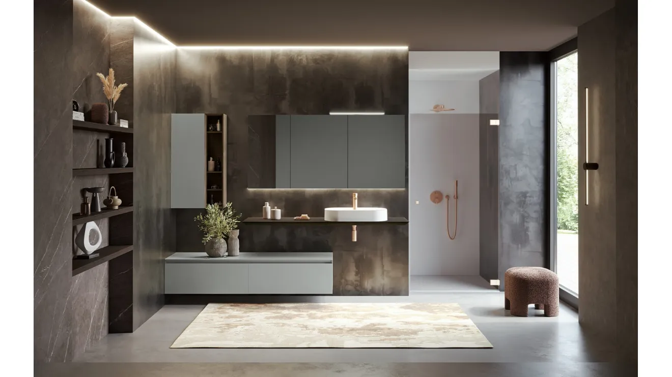 Mobile da Bagno sospeso Airy Edge 03 in laccato Grigio seta opaco e legno di RCR