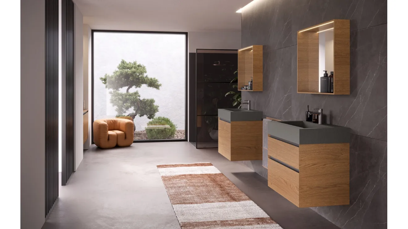 Mobile da Bagno sospeso in legno di Rovere tinto Cognac e Cemento Airy Edge 09 di RCR