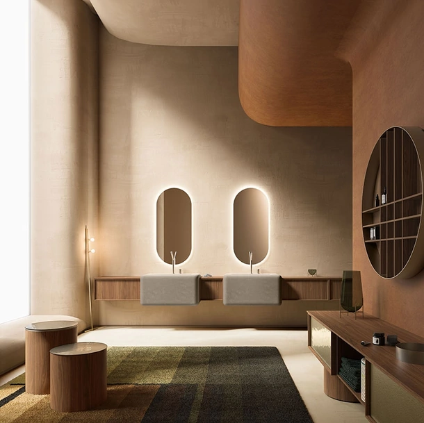 Mobile da Bagno Des Evolution Caramel 02 in Noce Canaletto con lavabi in resina di Cerasa