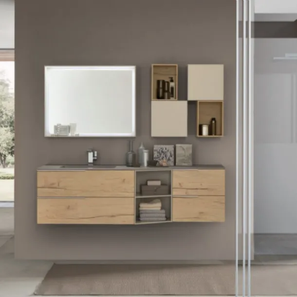 Mobile da Bagno sospeso M1 System C114 in melaminico effetto legno con pensili in laccato opaco di Baxar