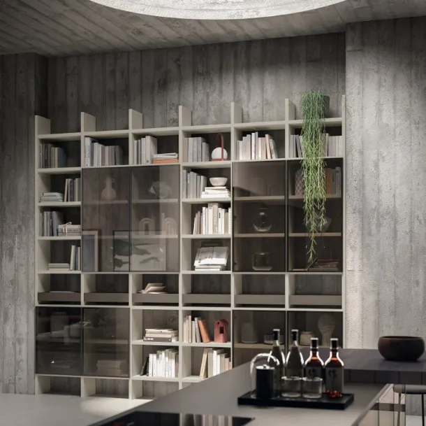 Libreria Living Libra in laccato opaco Grigio Gabbiano e Cuvé di Scavolini