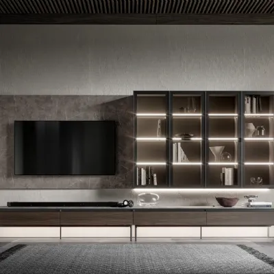 Parete Attrezzata GS301 in melaminico effetto marmo e legno con ante in vetro di SantaLucia