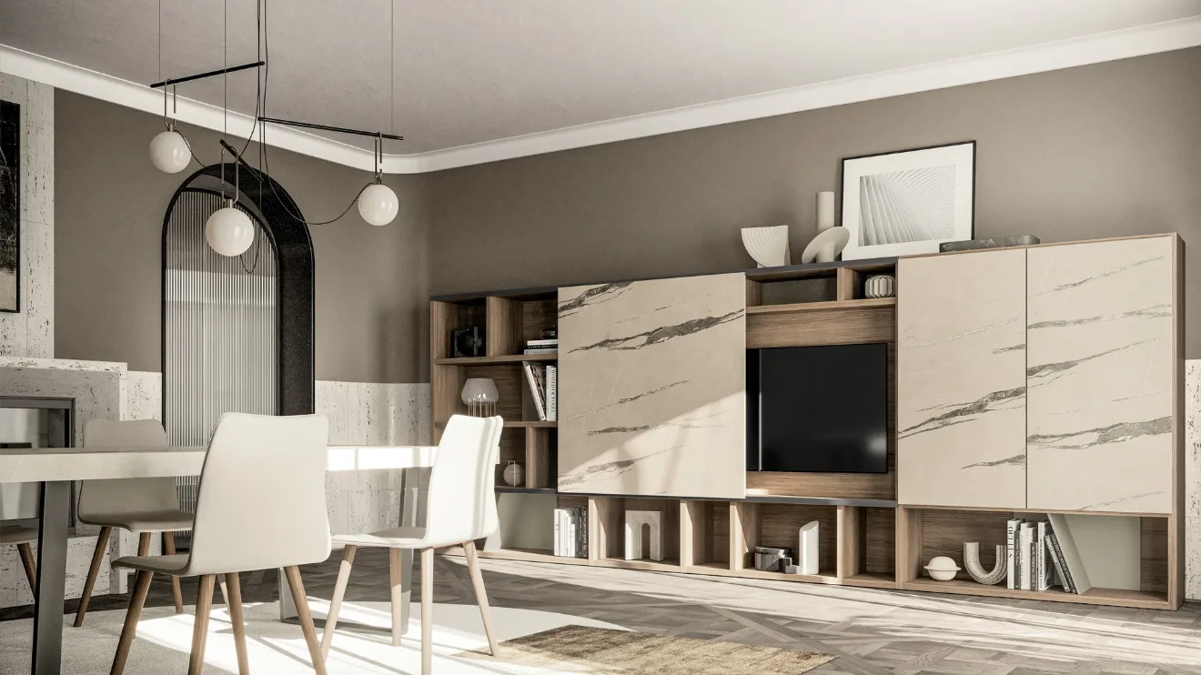 Parete Attrezzata GS310 in finitura matwood coffee e effetto marmo statuario di SantaLucia