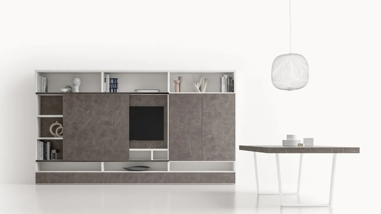 Parete Attrezzata GS314 in melaminico effetto marmo grafite e laccato bianco opaco di SantaLucia