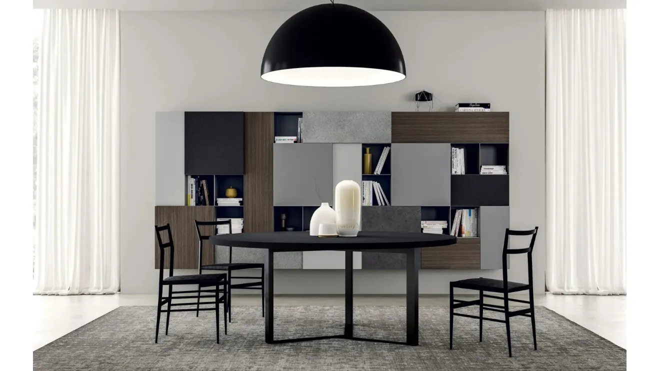 Parete Attrezzata sospesa Line Up 02 dove moduli a giorno e contenitori in varie finiture si alternano di Dielle Modus