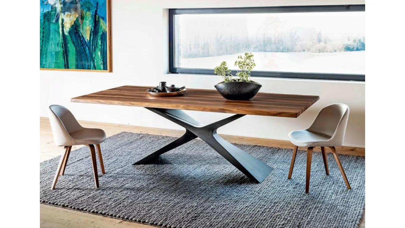 Tavolo Nexus con top in legno massello di Noce e base effetto cemento di Midj