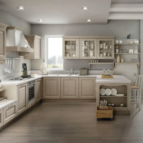 Cucina Classica ad angolo con penisola Bolgheri v02 in Rovere finitura Soya con top in laminato Pietra Vecchia di Stosa