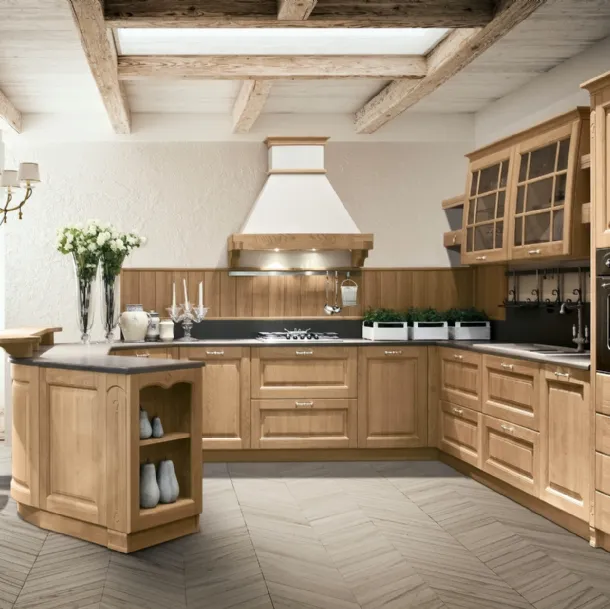 Cucina Classica ad angolo con penisola Bolgheri v08 in Rovere Natura con top in laminato Corten Sabbia di Stosa