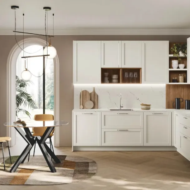 Cucina Classica angolare Sveva v02 in Alkorcell White Matt con top in quarzo di Stosa