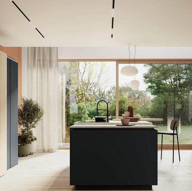 Cucina Moderna con isola Altea Composizione 03 in vetro nero opaco di Prima Cucine