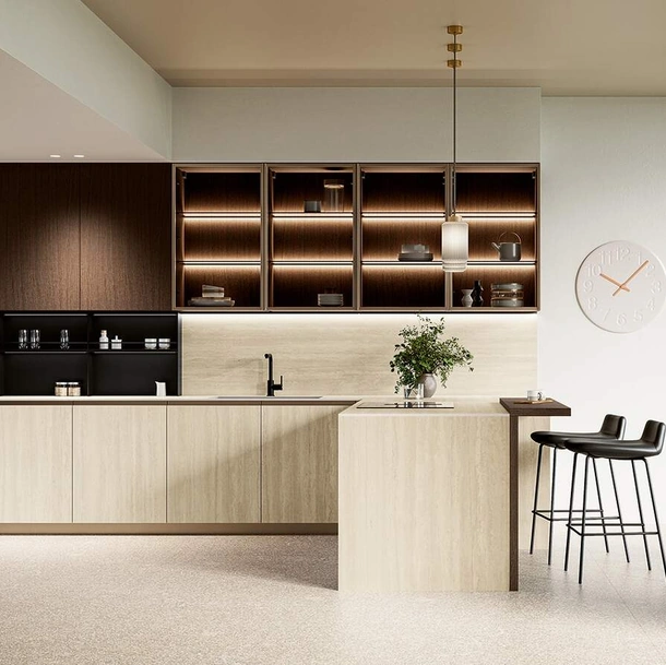 Cucina Moderna con penisola Altea Composizione 04 in laminam e legno di Prima Cucine