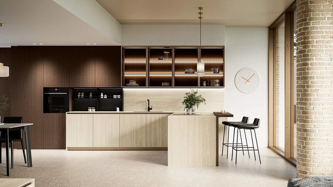 Cucina Moderna con penisola Altea Composizione 04 in laminam e legno di Prima Cucine