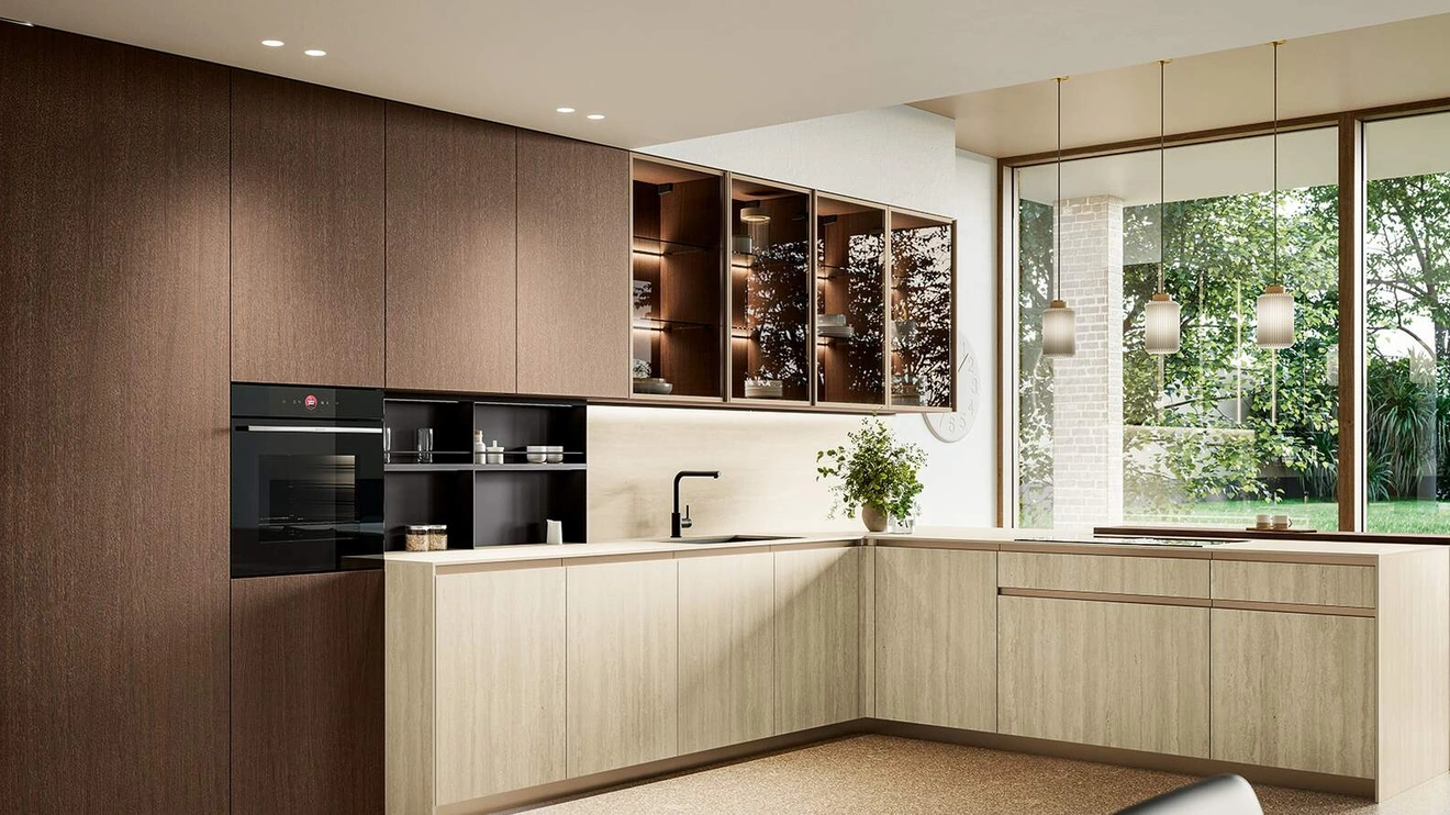 Cucina Moderna con penisola Altea Composizione 04 in laminam e legno di Prima Cucine