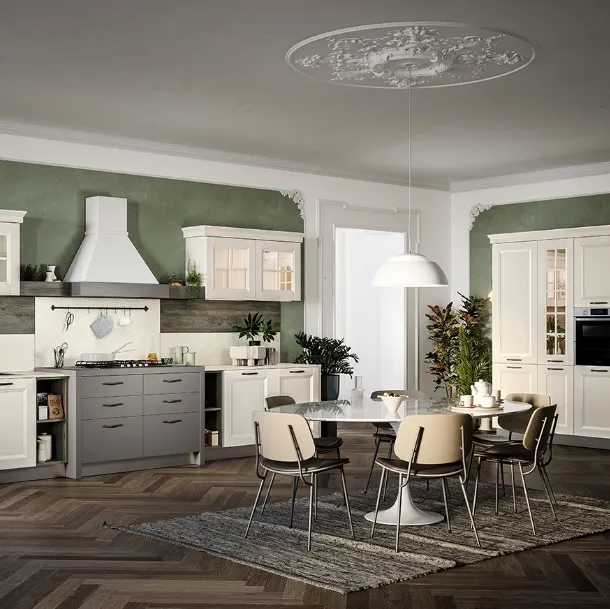 Cucina lineare Moderna Asia in materico laccato lino e schienali in finitura abete antico di Forma la cucina