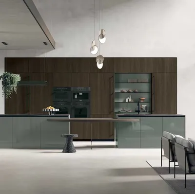 Cucina Moderna con isola Color Trend 09 in Rovere Termocotto Cannettato e laccato lucido Timo e di Stosa