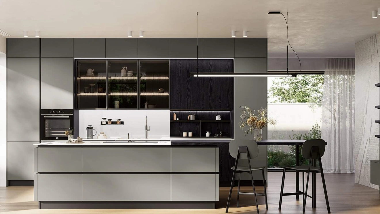 Cucina Moderna con isola Domino Composizione 07 in laccato grigio ferro e melaminico rovere nero di Prima Cucine