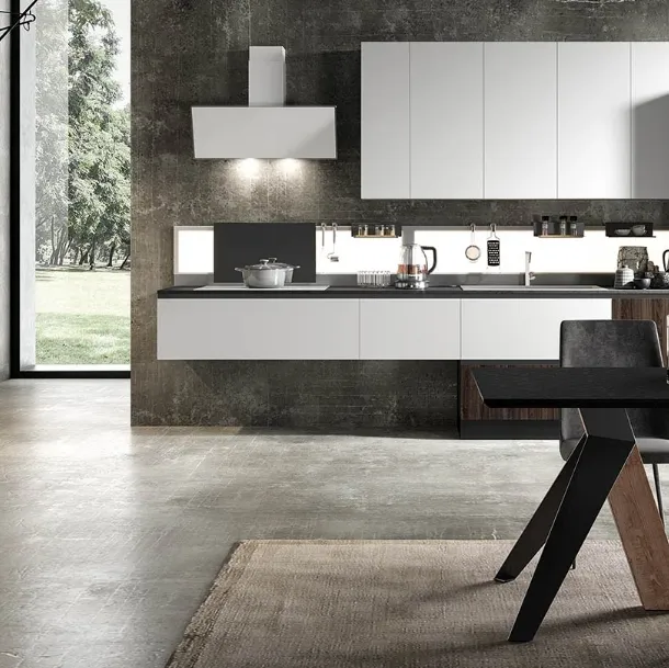 Cucina Moderna lineare Eos in Glass Bianco opaco e HPL Alevè Noce di Evo Cucine