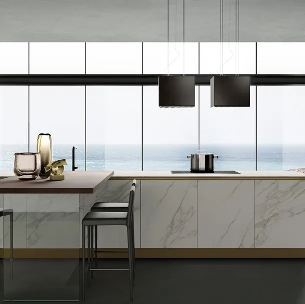 Cucina Moderna con isola Eos in GresTerra e Gres White Marble di Evo Cucine