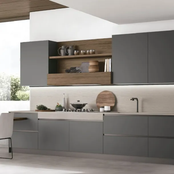 Cucina Moderna con penisola Infinity v02 in Pet canna di Fucile e Rovere Liquirizia di Stosa