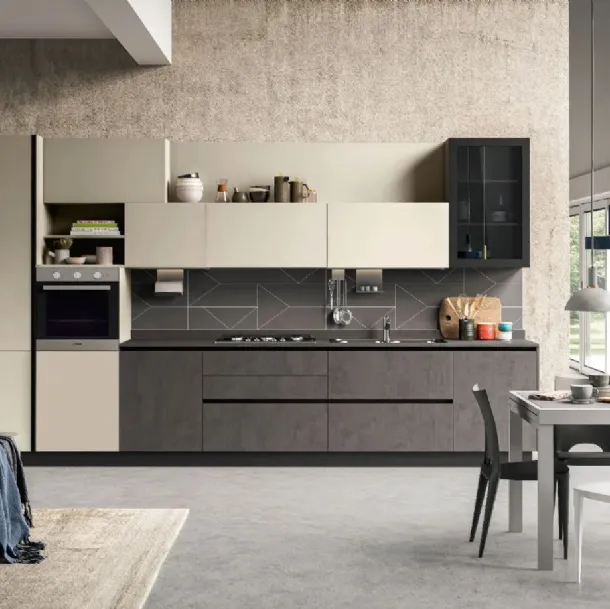 Cucina Moderna lineare Kaya v05 in nobilitato Conchiglia opaco e ossido materico Slate Grey di Stosa