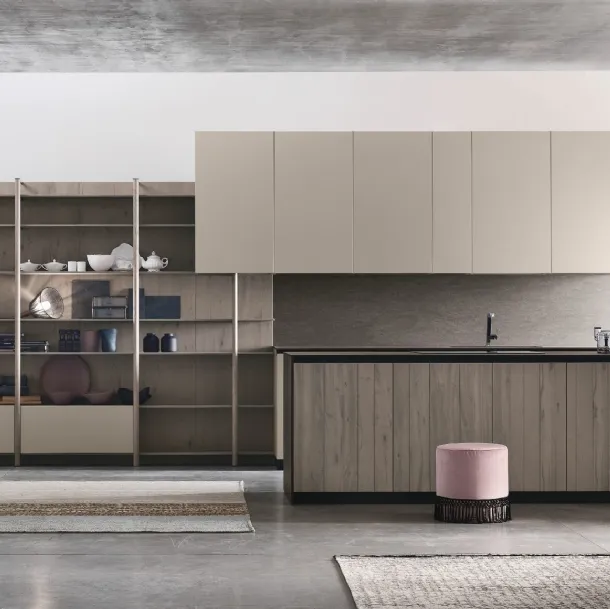 Cucina Moderna in laccato opaco con penisola in Rovere Grey Natural v08 di Stosa