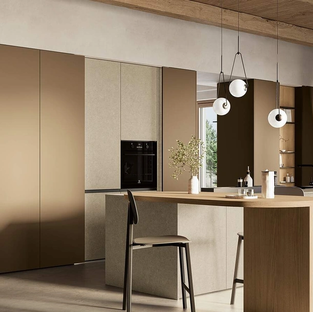 Cucina Moderna con penisola Domino Composizione 01 in laccato caramello di Prima Cucine