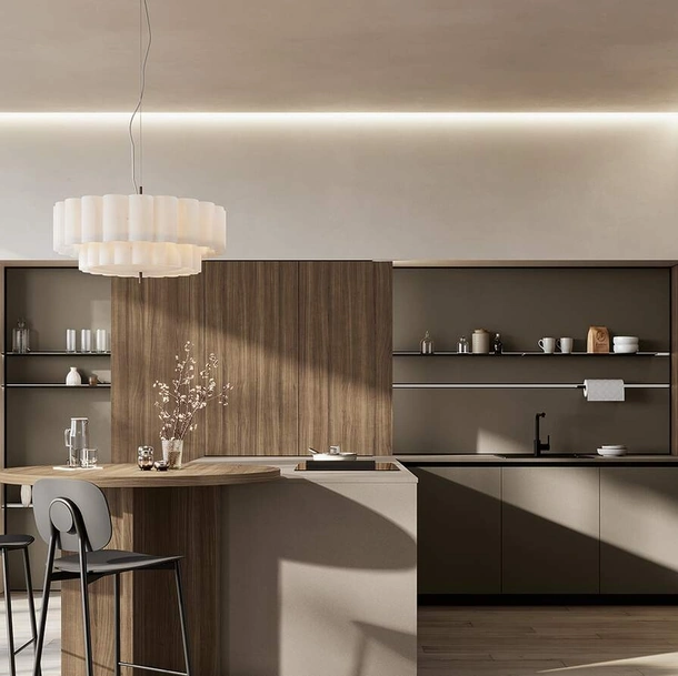Cucina Moderna con penisola Domino Composizione 08 in melaminico metallico polvere argilla e melaminico noce Canaletto di Prima Cucine