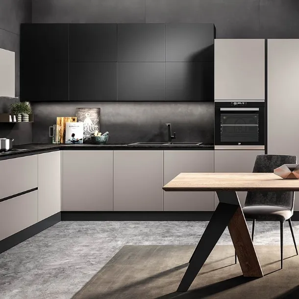 Cucina su misura Eos in Glass Visone opaco e Glass Nero opaco di Evo Cucine